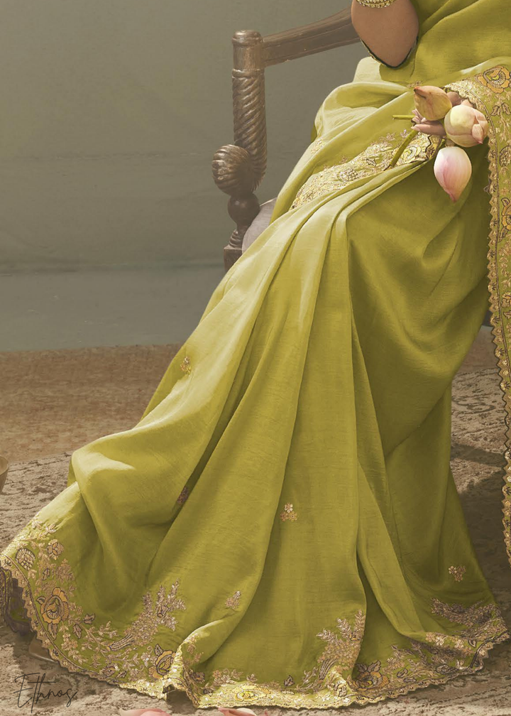 Chartreuse Olive Woven Scallop Border Upada Silk Saree