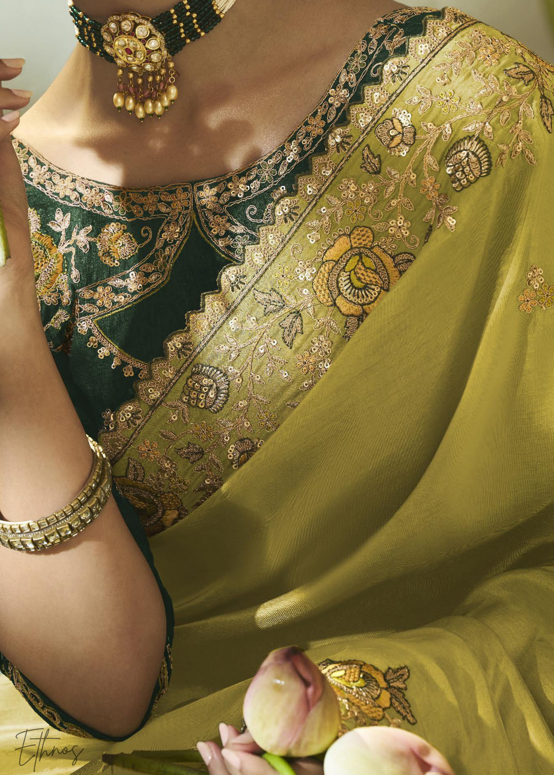 Chartreuse Olive Woven Scallop Border Upada Silk Saree