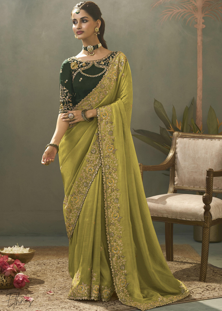 Chartreuse Olive Woven Scallop Border Upada Silk Saree