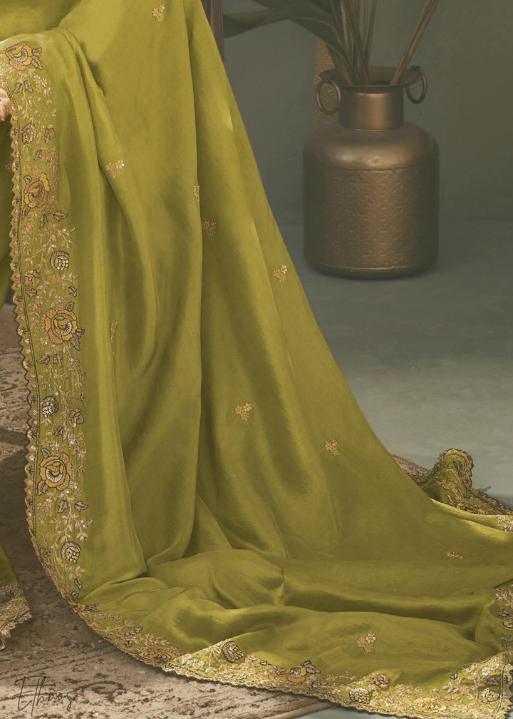 Chartreuse Olive Woven Scallop Border Upada Silk Saree