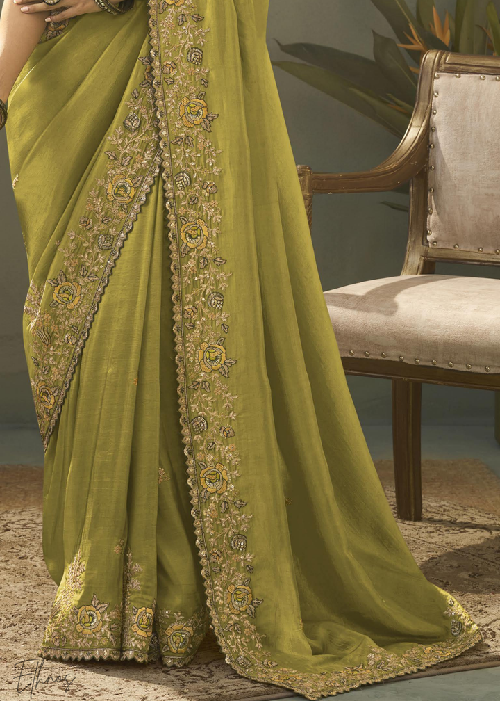 Chartreuse Olive Woven Scallop Border Upada Silk Saree