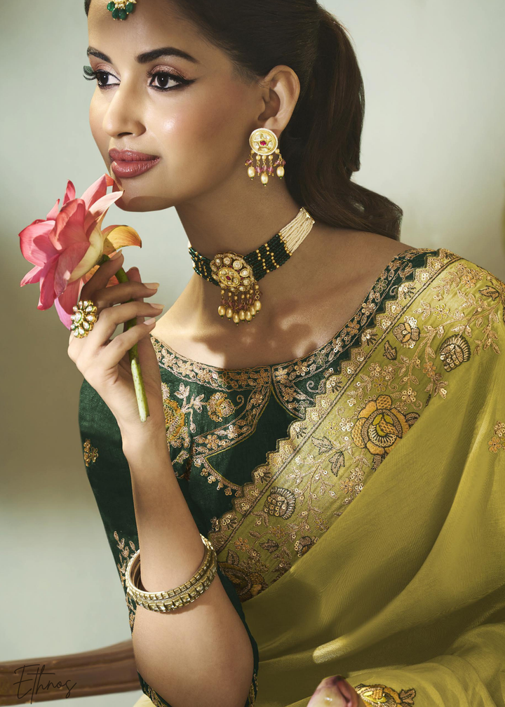 Chartreuse Olive Woven Scallop Border Upada Silk Saree
