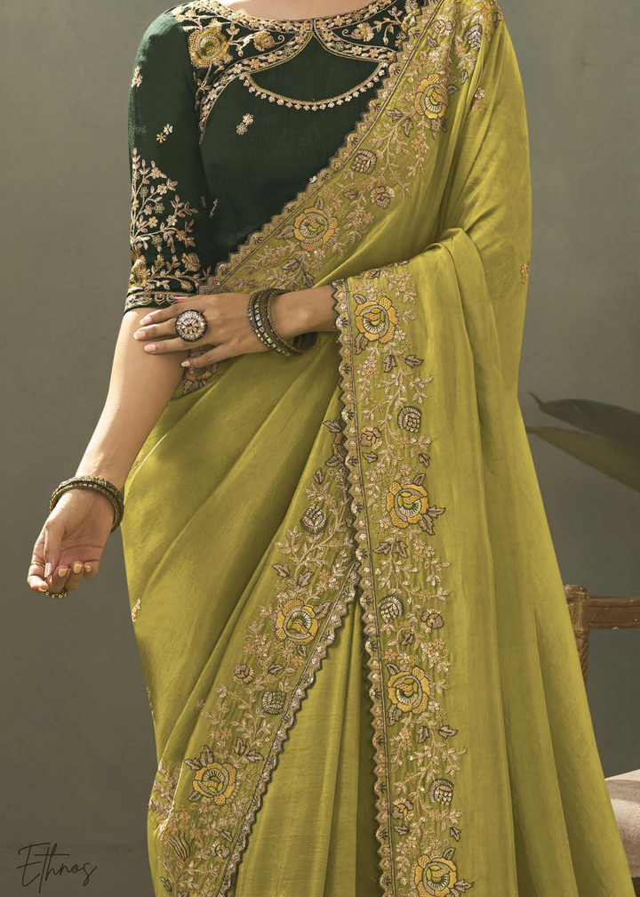 Chartreuse Olive Woven Scallop Border Upada Silk Saree