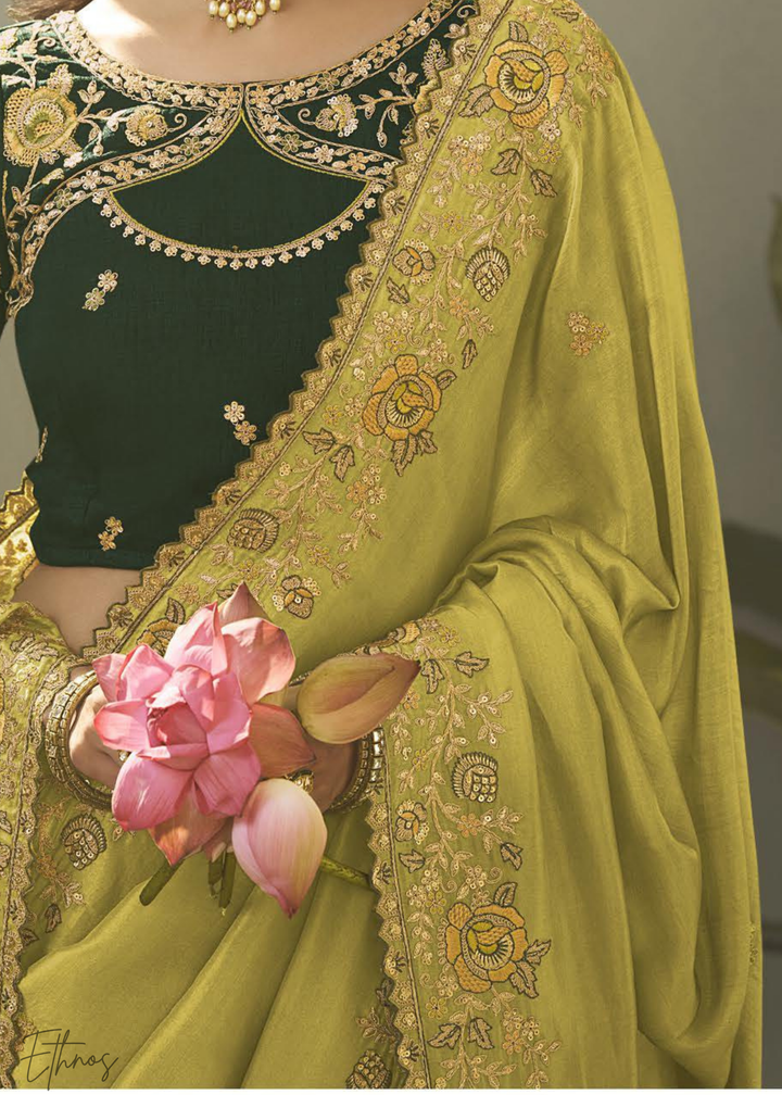 Chartreuse Olive Woven Scallop Border Upada Silk Saree