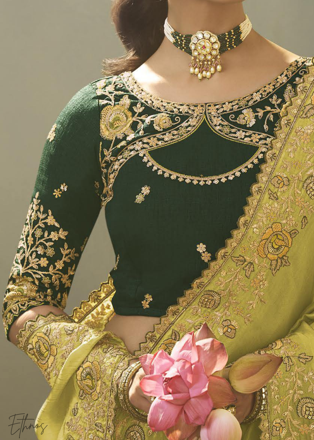 Chartreuse Olive Woven Scallop Border Upada Silk Saree