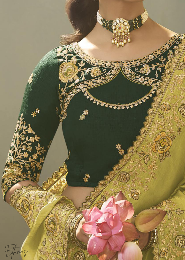 Chartreuse Olive Woven Scallop Border Upada Silk Saree
