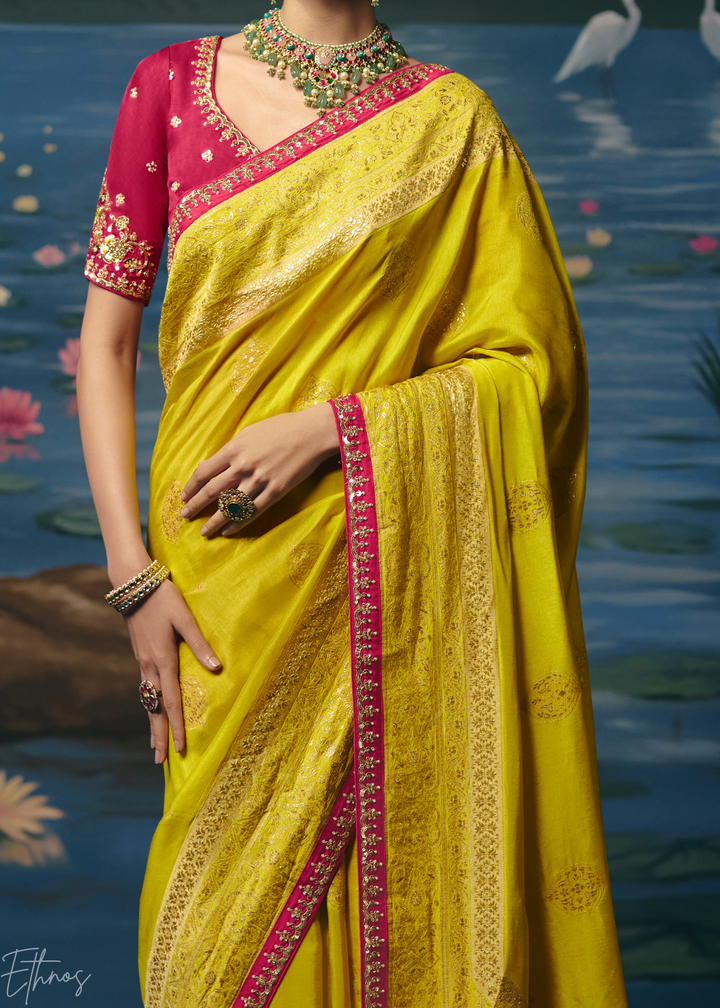 Chartreuse Traditional Zari Woven Border Dola Silk Saree