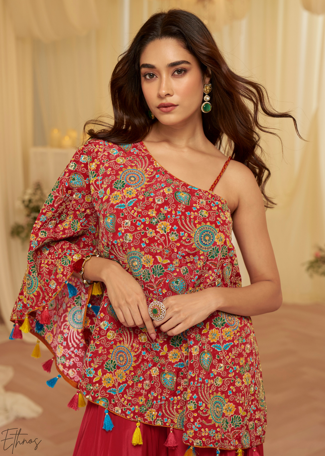 Cherry Red Crepe Poncho Palazzo Suit