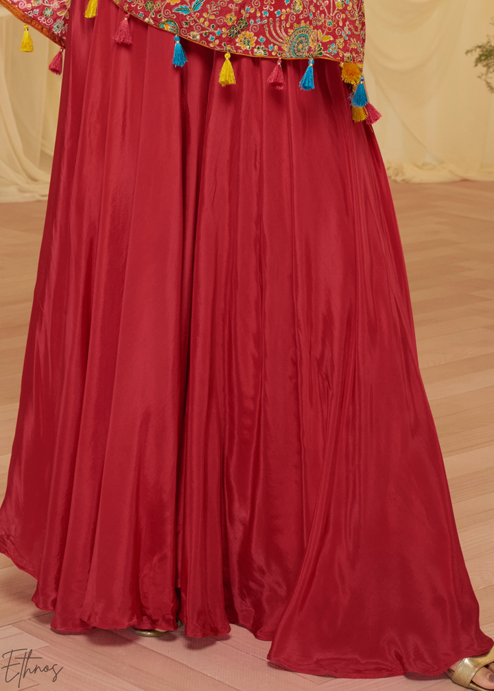 Cherry Red Crepe Poncho Palazzo Suit