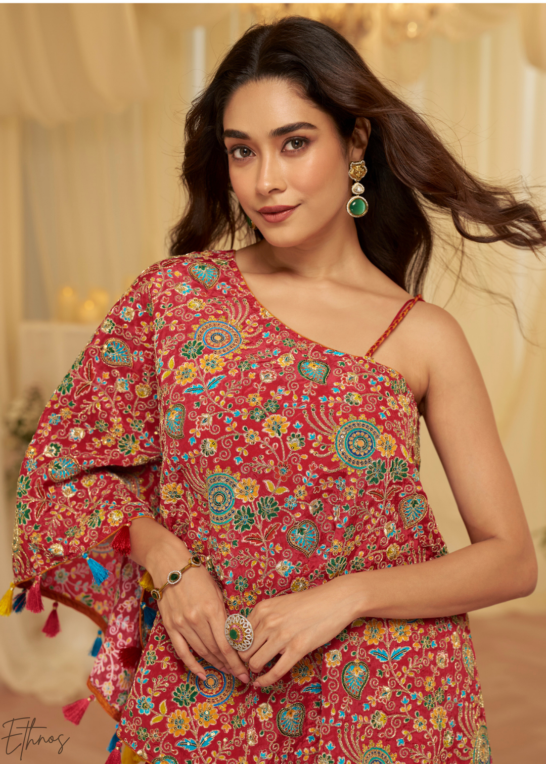 Cherry Red Crepe Poncho Palazzo Suit