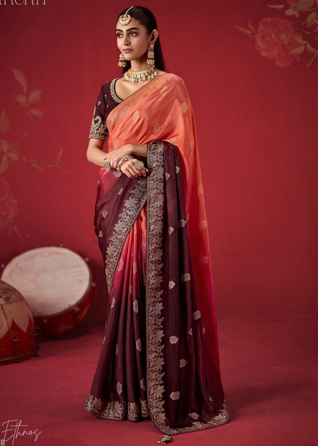 Chestnut Textured Chevron Ombre Dola Silk Saree