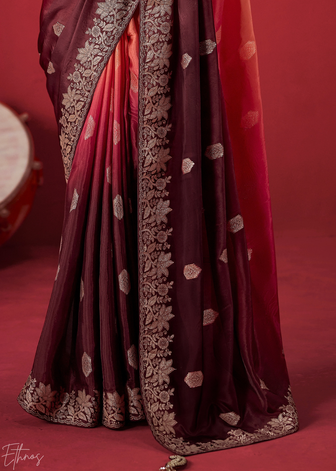 Chestnut Textured Chevron Ombre Dola Silk Saree
