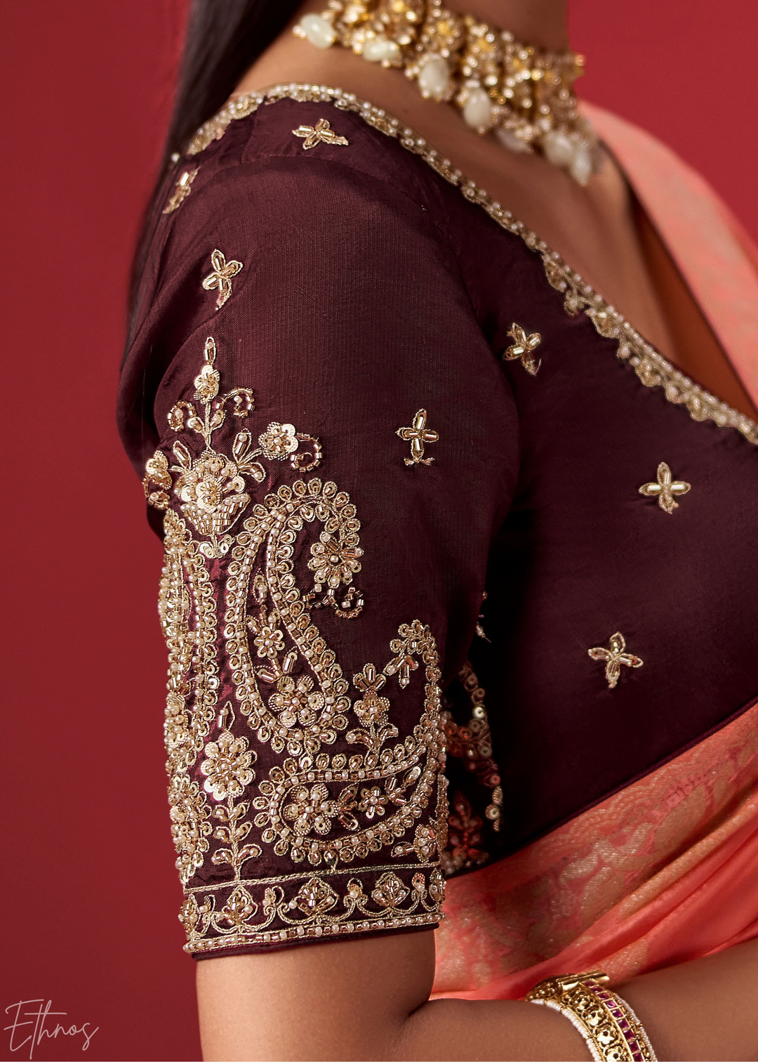 Chestnut Textured Chevron Ombre Dola Silk Saree