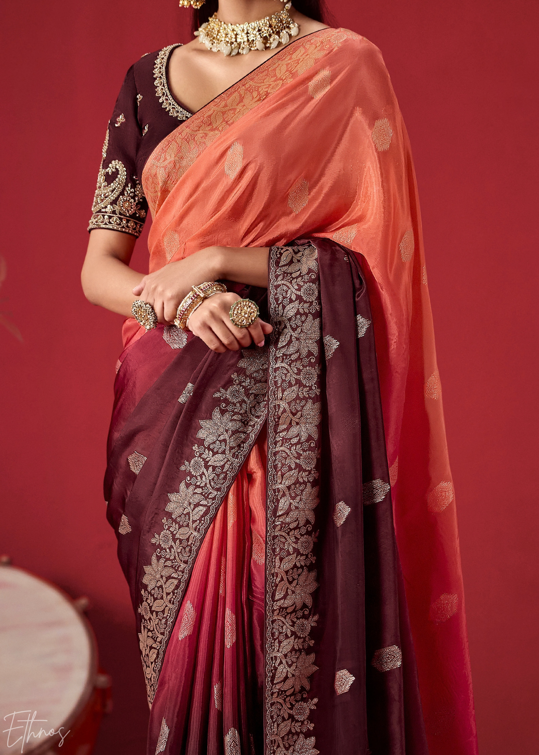 Chestnut Textured Chevron Ombre Dola Silk Saree