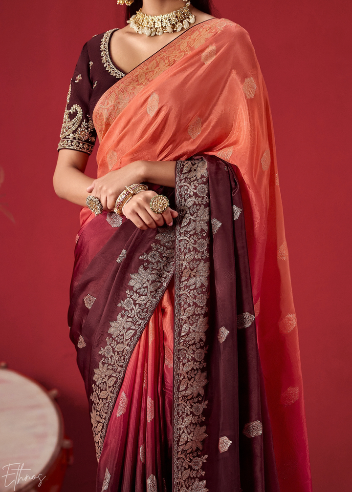 Chestnut Textured Chevron Ombre Dola Silk Saree