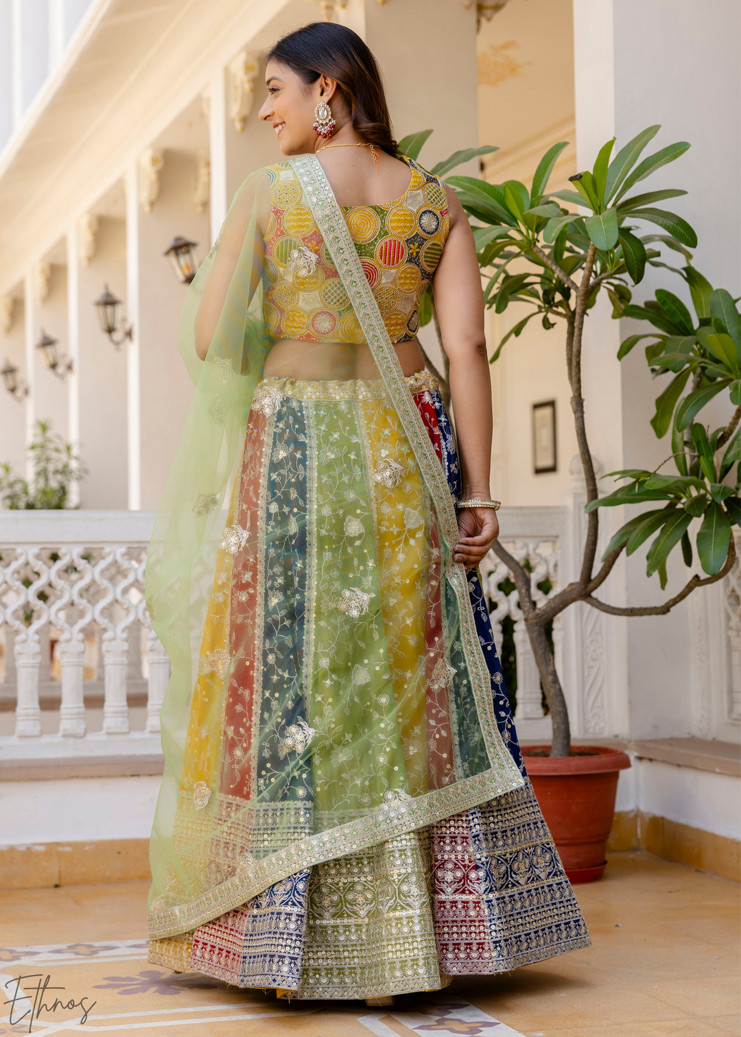 Chevron-Paneled Chromatic Sequin Georgette Lehenga
