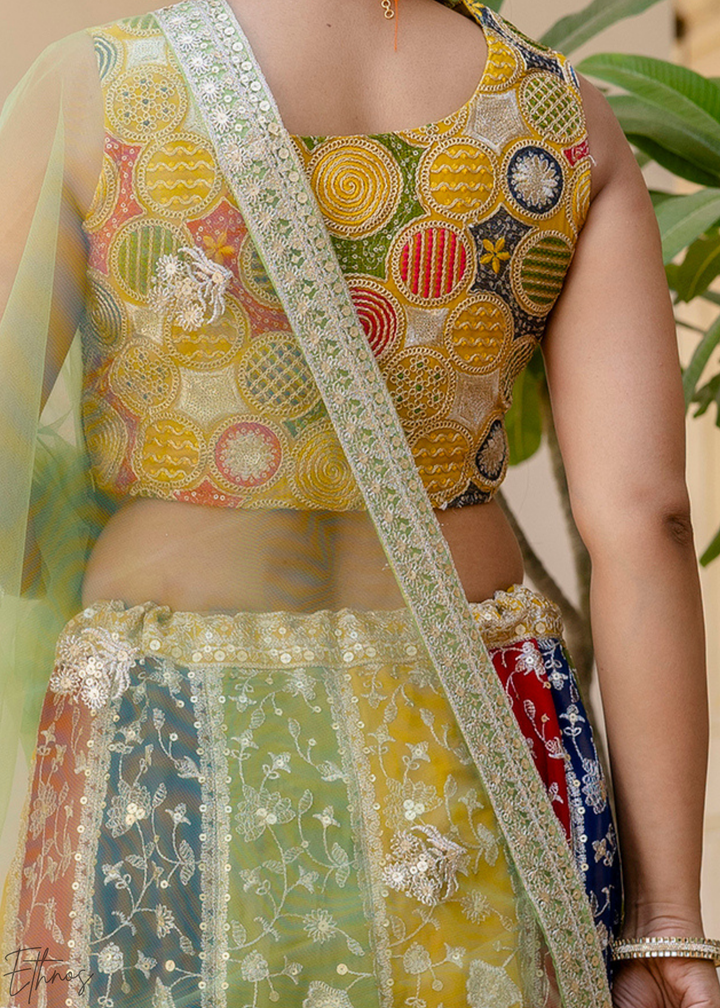 Chevron-Paneled Chromatic Sequin Georgette Lehenga