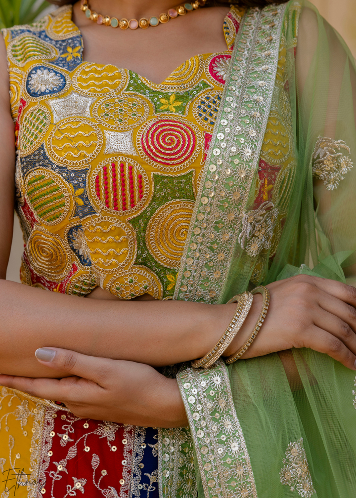 Chevron-Paneled Chromatic Sequin Georgette Lehenga