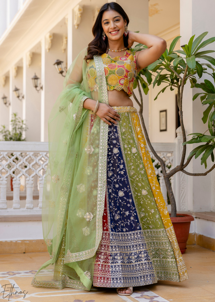 Chevron-Paneled Chromatic Sequin Georgette Lehenga