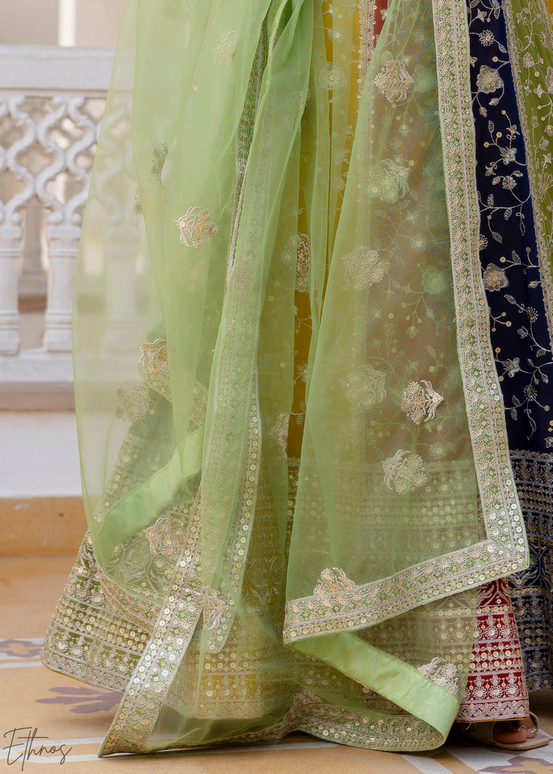Chevron-Paneled Chromatic Sequin Georgette Lehenga