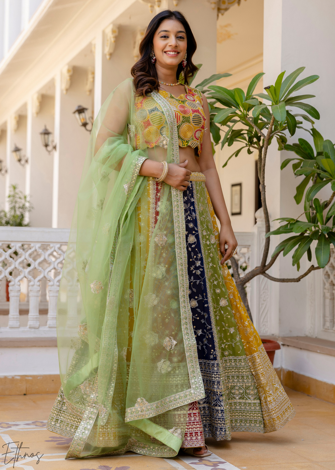 Chevron-Paneled Chromatic Sequin Georgette Lehenga