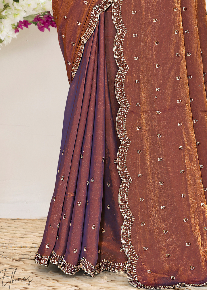 Cinnamon Brown Scallop Stippled Satin Silk Saree