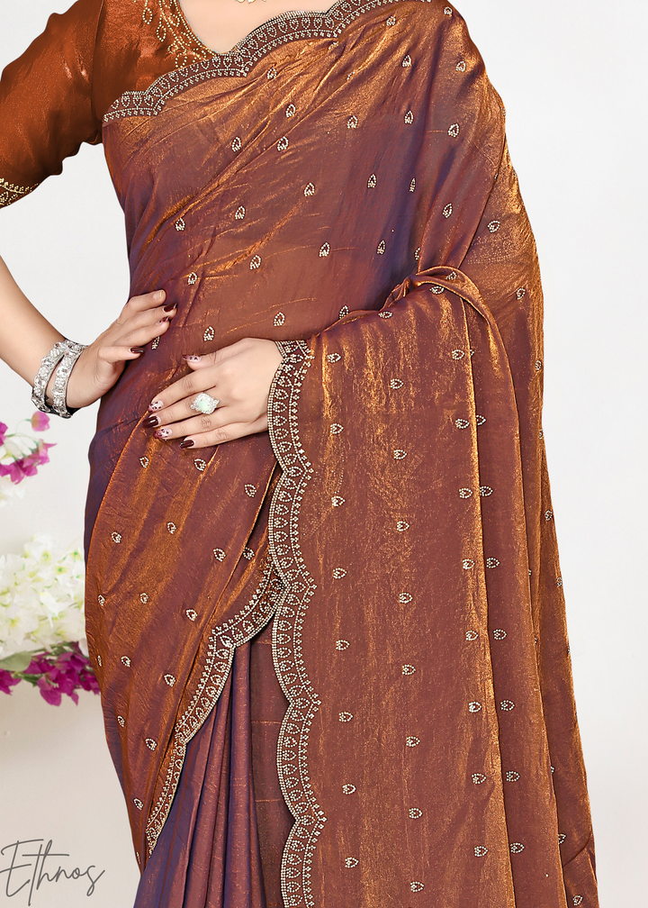 Cinnamon Brown Scallop Stippled Satin Silk Saree