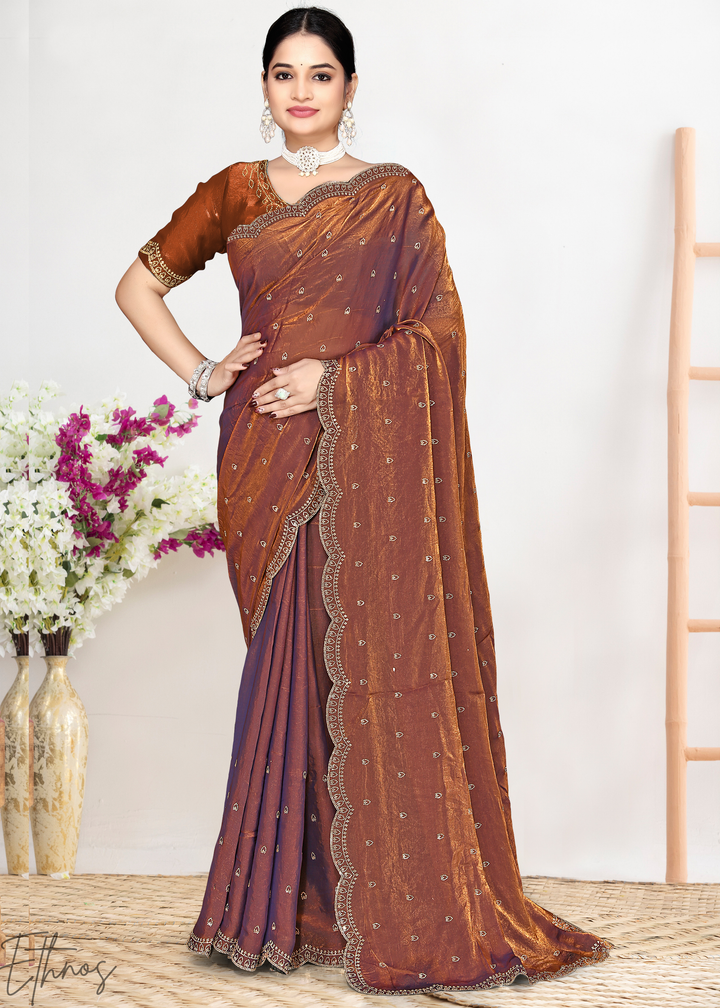Cinnamon Brown Scallop Stippled Satin Silk Saree