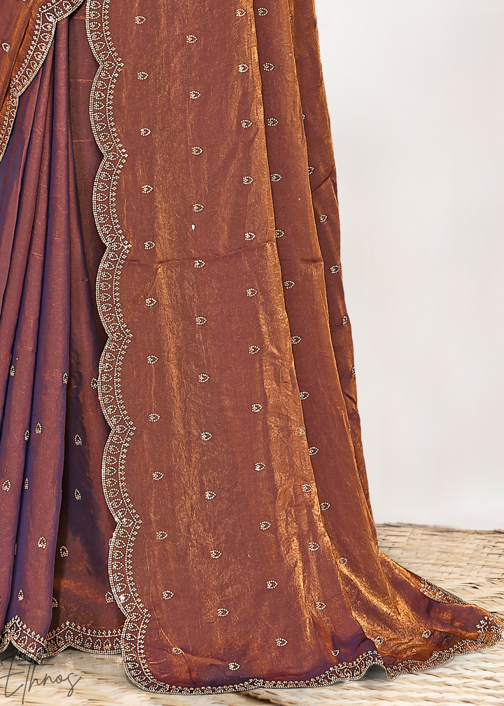 Cinnamon Brown Scallop Stippled Satin Silk Saree