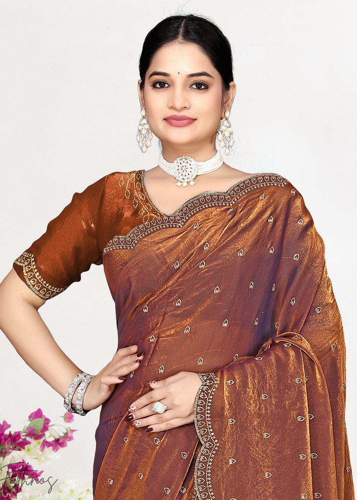 Cinnamon Brown Scallop Stippled Satin Silk Saree