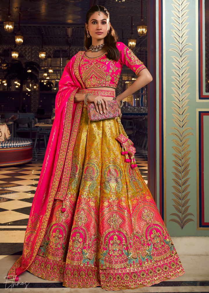 Citrine Chevron Border Banarasi Silk Lehenga