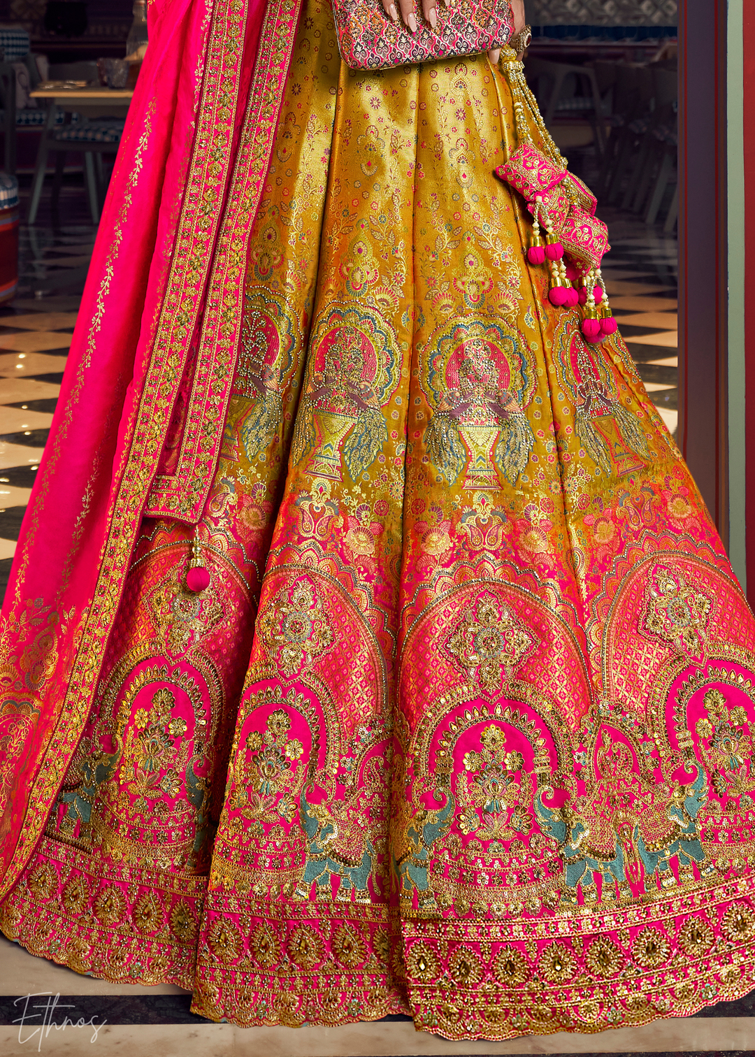 Citrine Chevron Border Banarasi Silk Lehenga