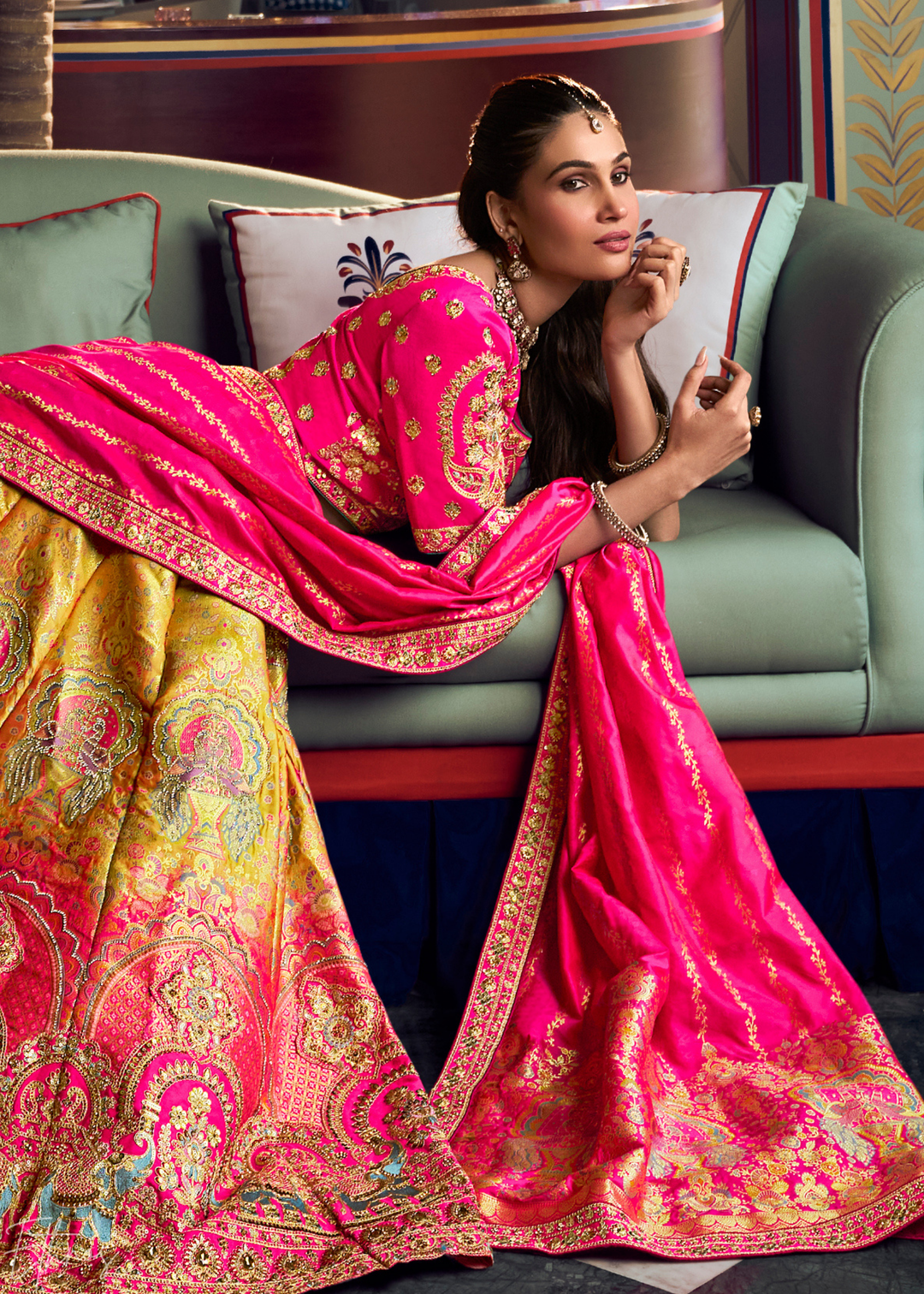 Citrine Chevron Border Banarasi Silk Lehenga