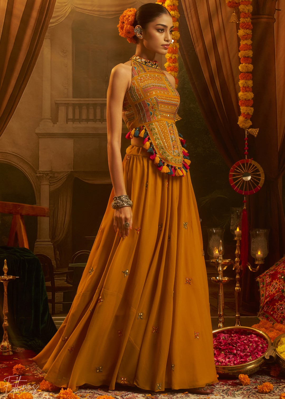 Citrine Halter Geometric Georgette Palazzo Suit