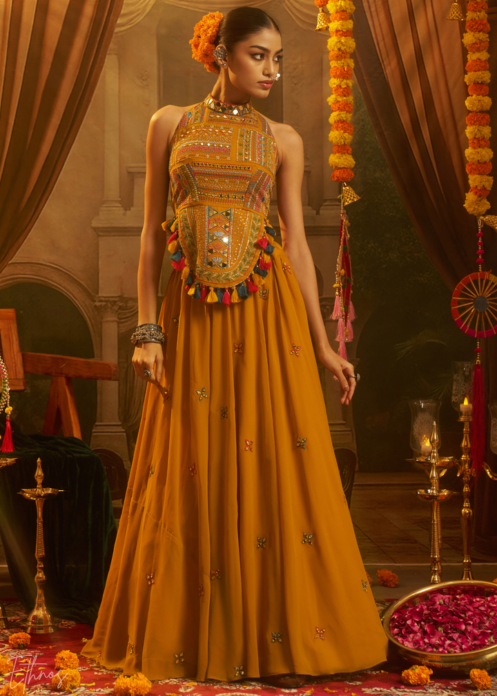 Citrine Halter Geometric Georgette Palazzo Suit