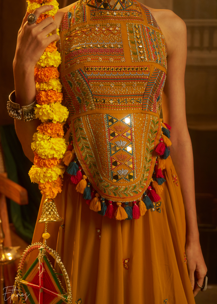 Citrine Halter Geometric Georgette Palazzo Suit