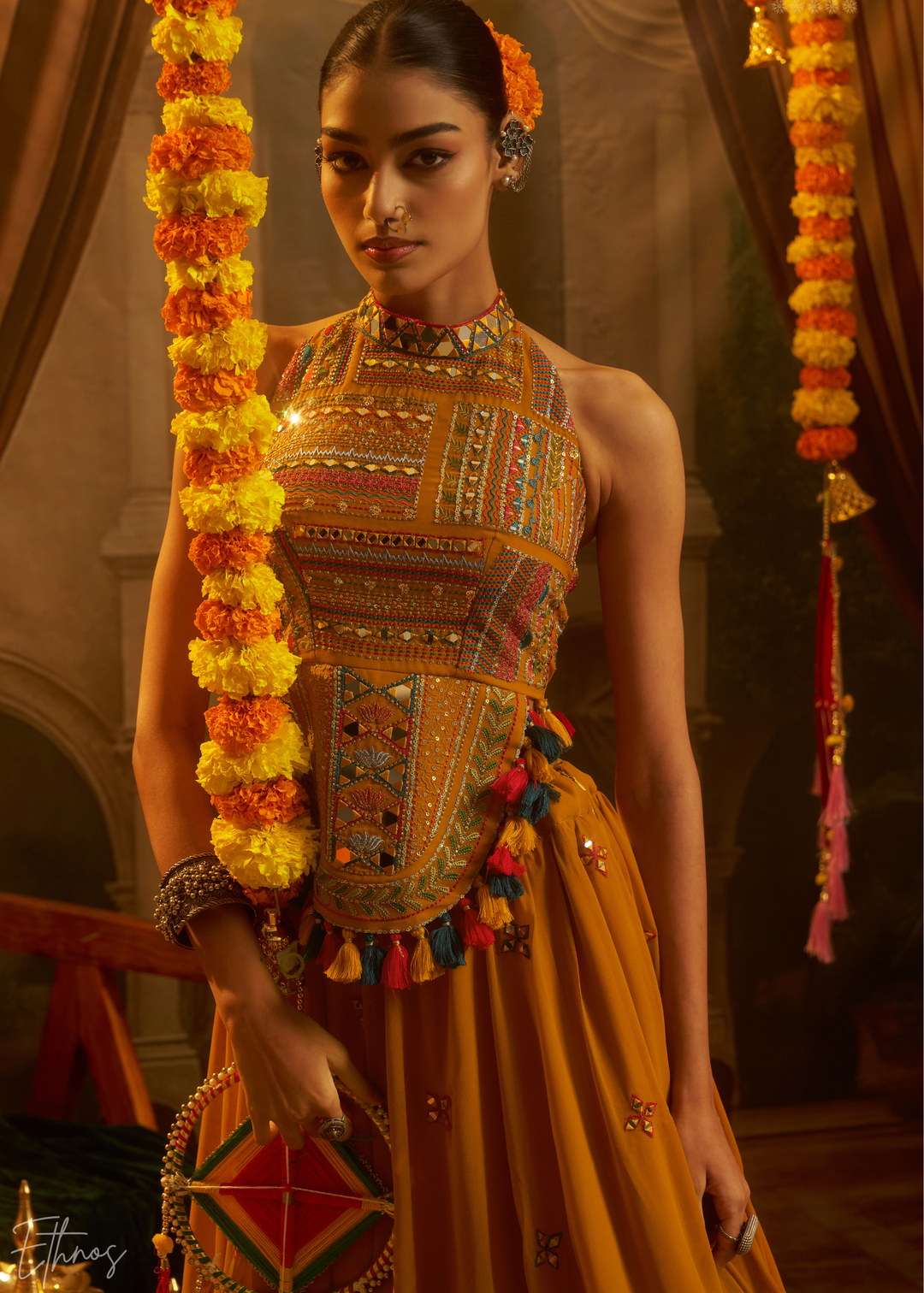 Citrine Halter Geometric Georgette Palazzo Suit