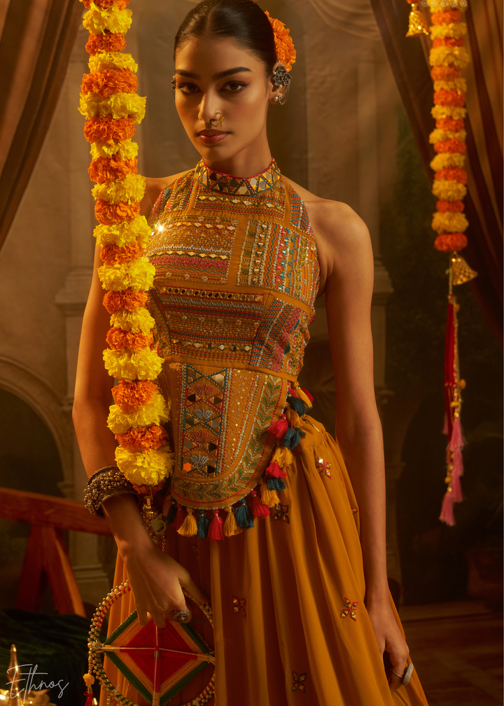 Citrine Halter Geometric Georgette Palazzo Suit
