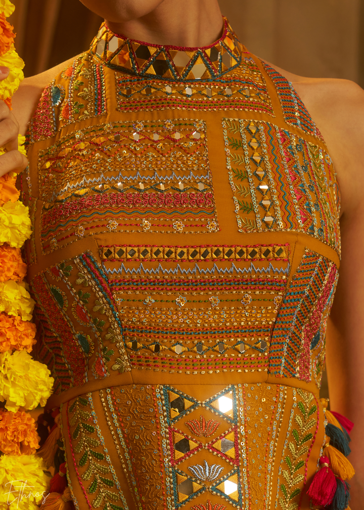 Citrine Halter Geometric Georgette Palazzo Suit