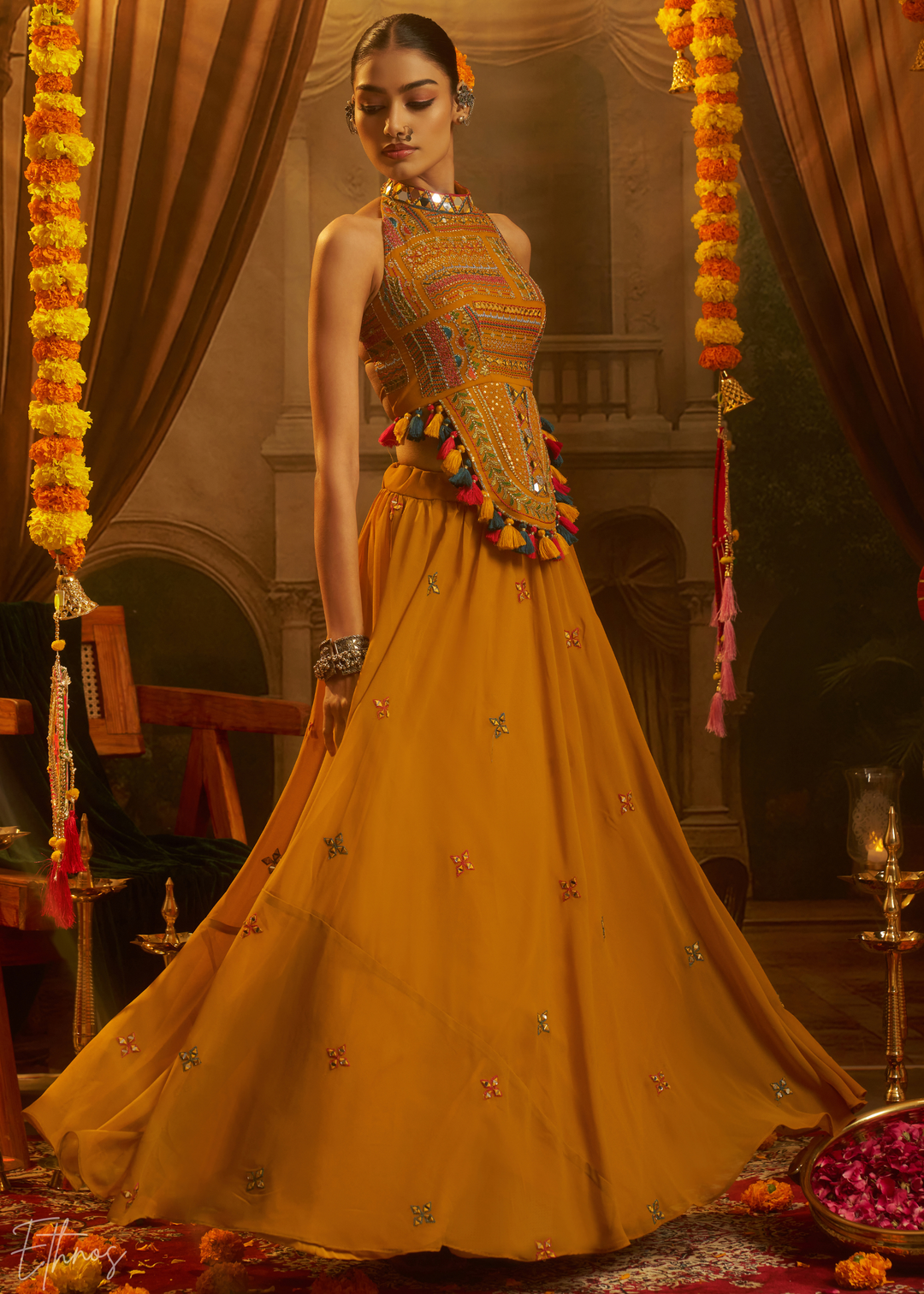 Citrine Halter Geometric Georgette Palazzo Suit