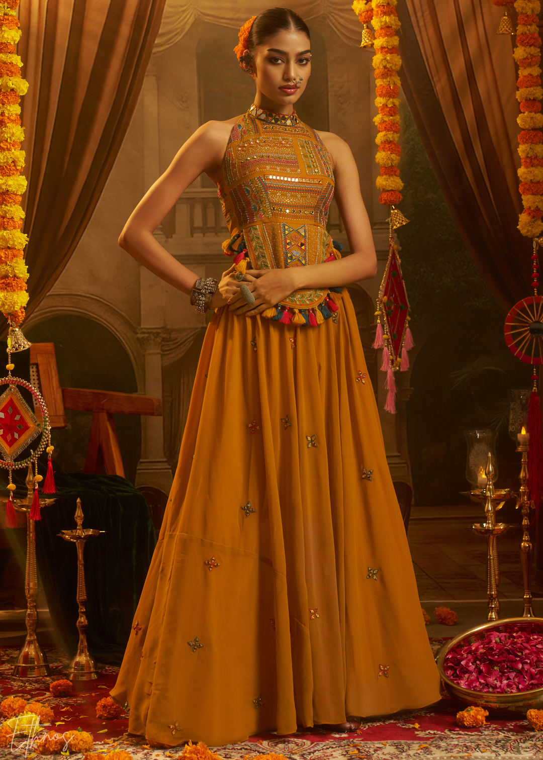 Citrine Halter Geometric Georgette Palazzo Suit