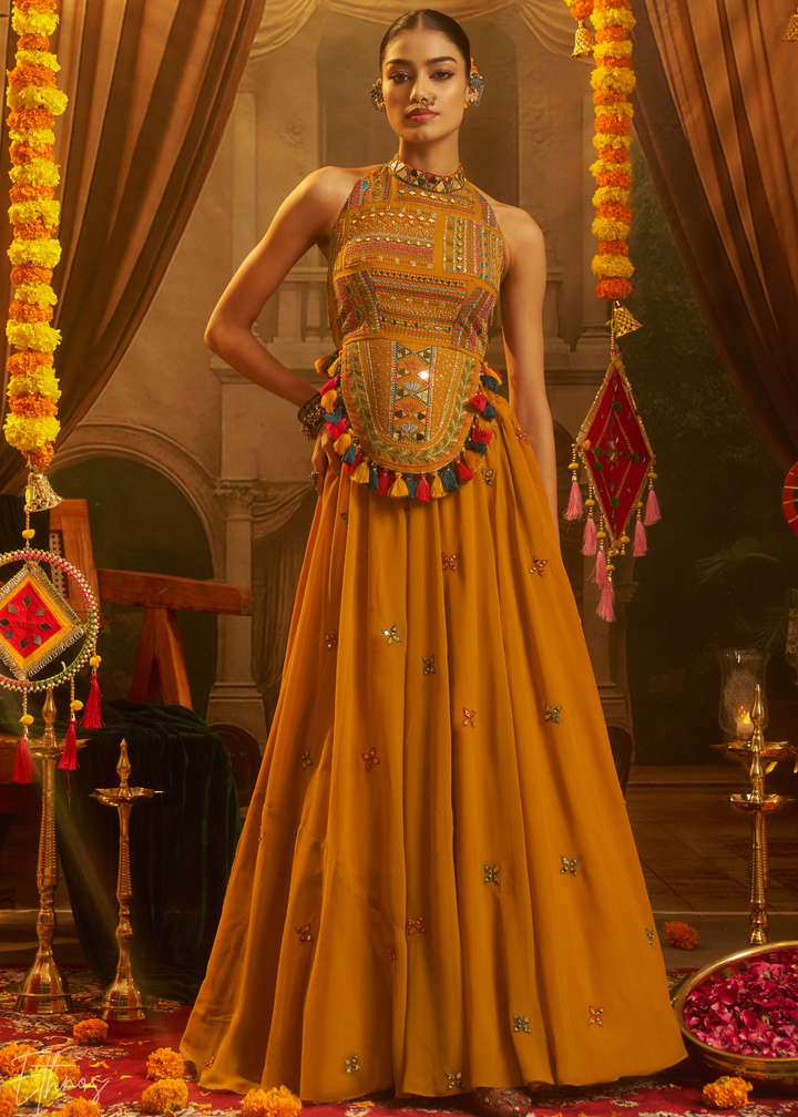 Citrine Halter Geometric Georgette Palazzo Suit