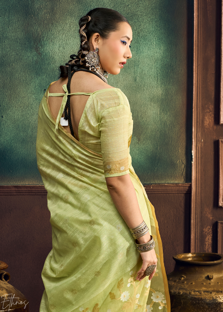 Citron Olive Artisan Floral Weave Munga Cotton Saree