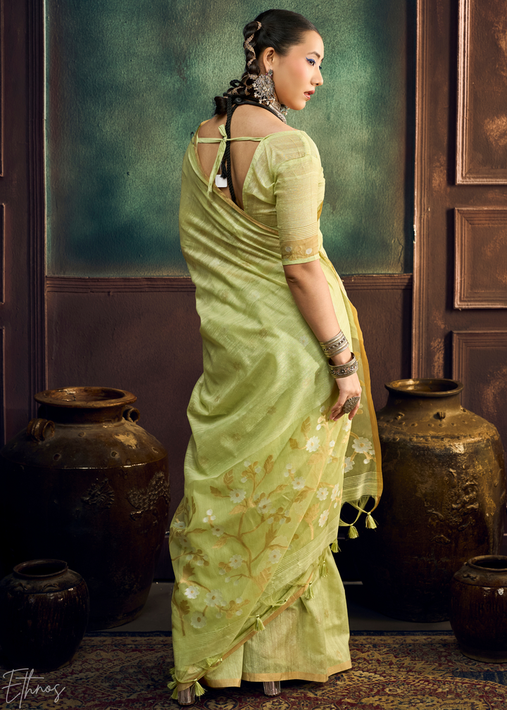 Citron Olive Artisan Floral Weave Munga Cotton Saree