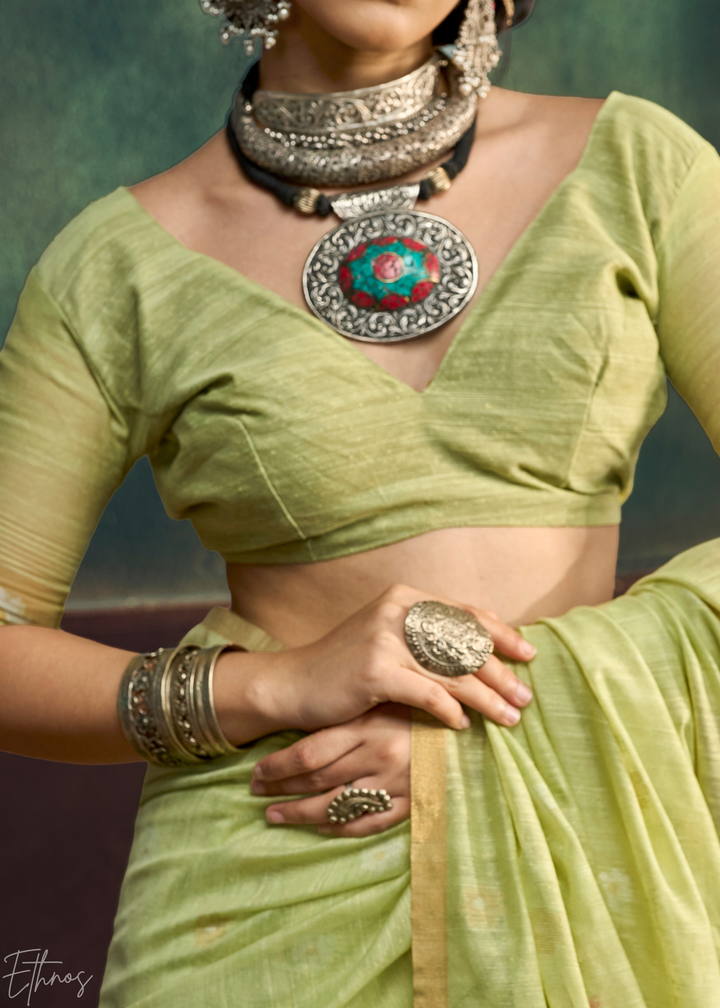 Citron Olive Artisan Floral Weave Munga Cotton Saree