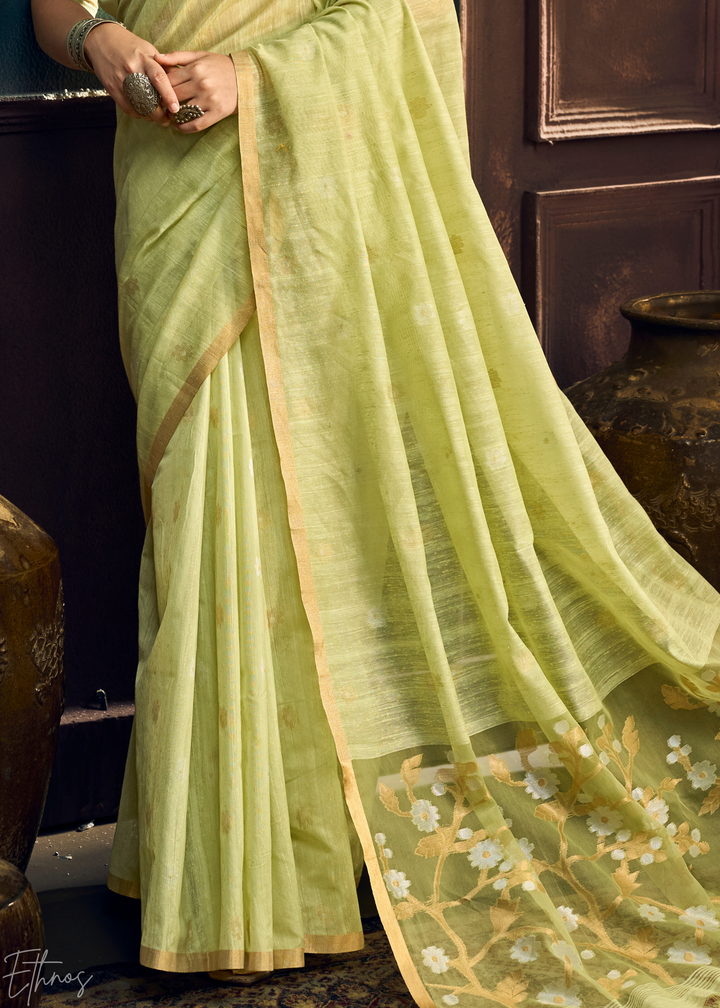 Citron Olive Artisan Floral Weave Munga Cotton Saree