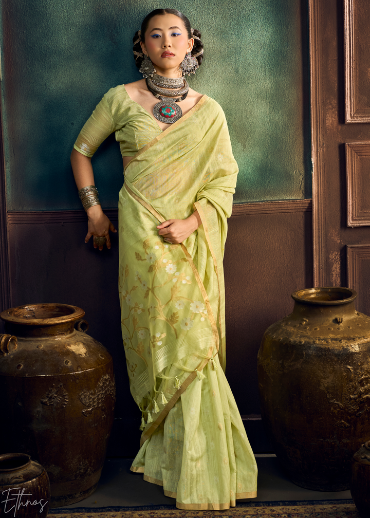 Citron Olive Artisan Floral Weave Munga Cotton Saree