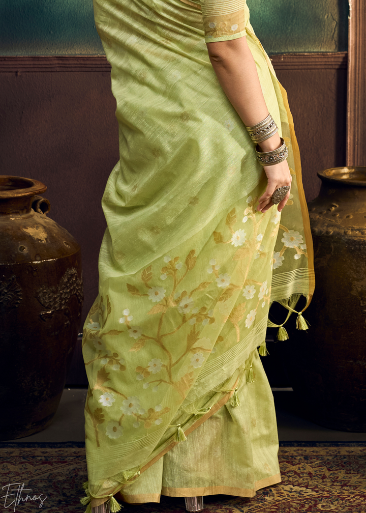 Citron Olive Artisan Floral Weave Munga Cotton Saree