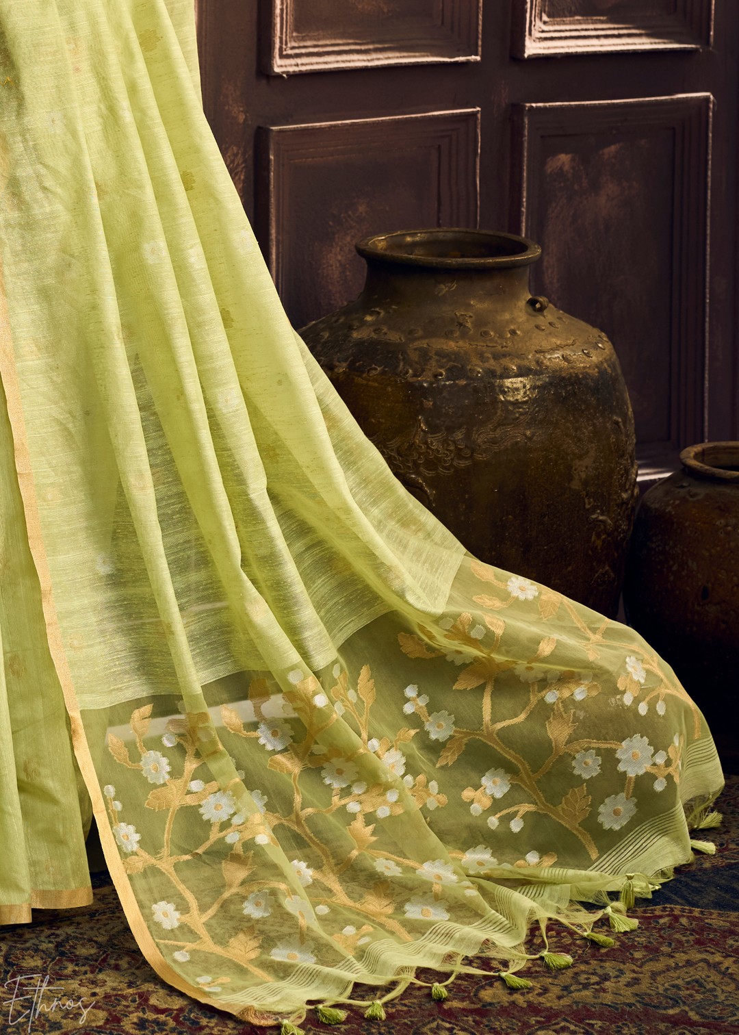 Citron Olive Artisan Floral Weave Munga Cotton Saree