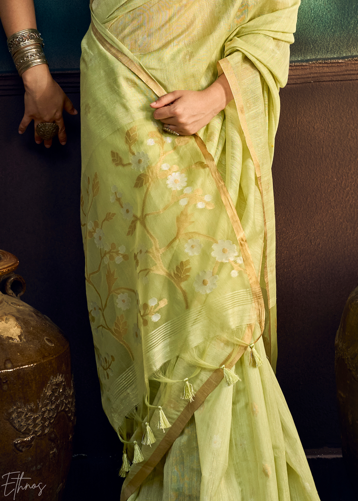 Citron Olive Artisan Floral Weave Munga Cotton Saree